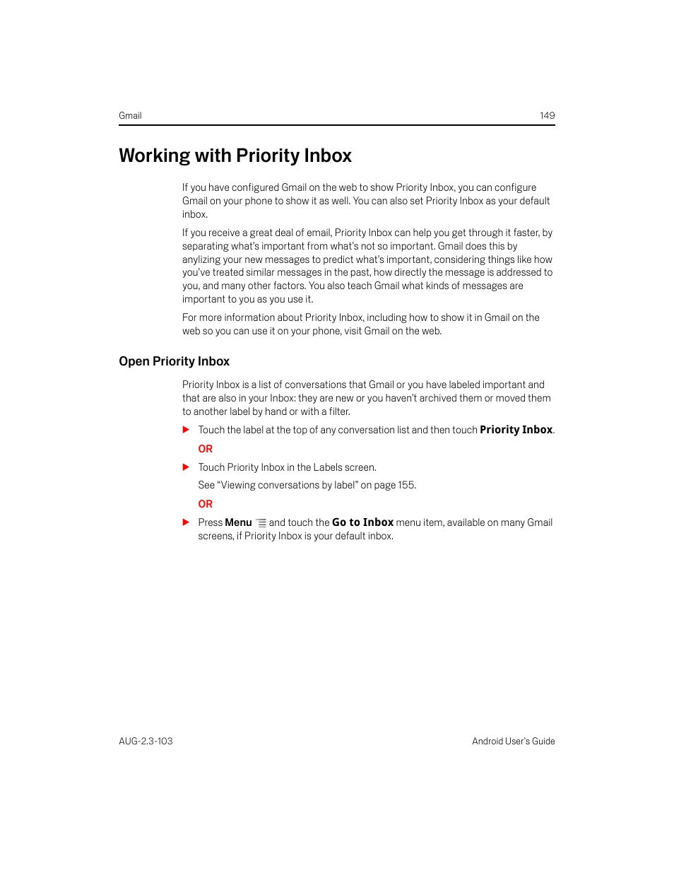 Working with priority inbox, Open priority inbox, Working with priority inbox 149 | Samsung Android 2.3 User Manual | Page 149 / 380