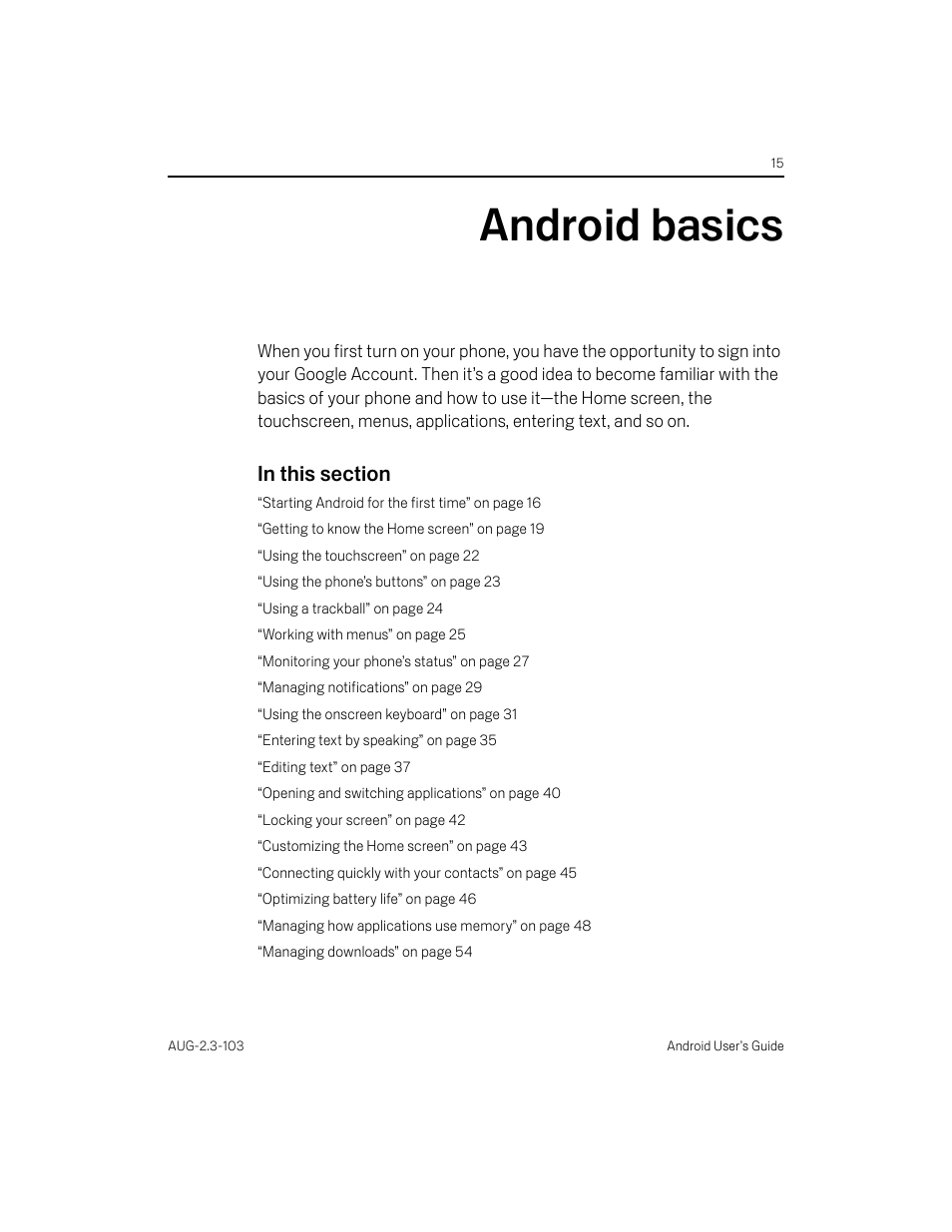 Android basics, Android basics 15 | Samsung Android 2.3 User Manual | Page 15 / 380