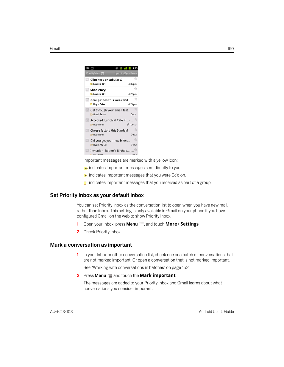 Set priority inbox as your default inbox, Mark a conversation as important | Samsung Android 2.3 User Manual | Page 150 / 380