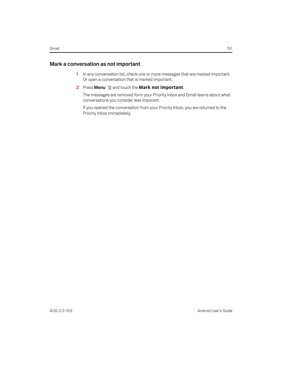 Mark a conversation as not important | Samsung Android 2.3 User Manual | Page 151 / 380