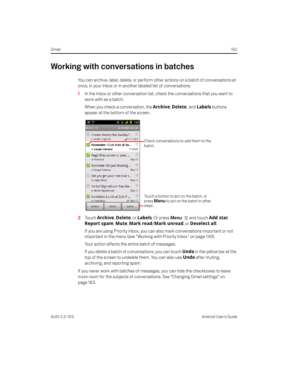 Working with conversations in batches, Working with conversations in batches 152 | Samsung Android 2.3 User Manual | Page 152 / 380