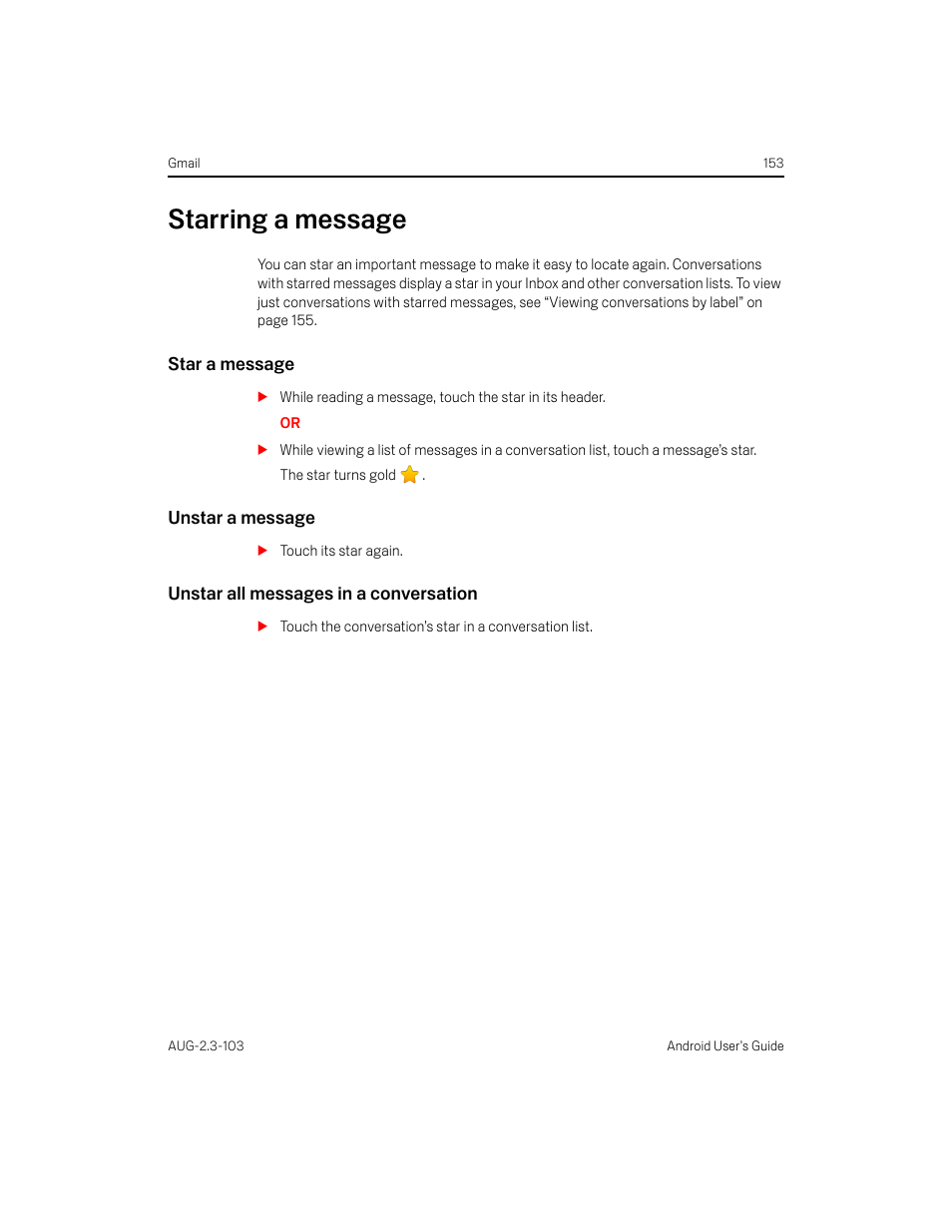 Starring a message, Star a message, Unstar a message | Unstar all messages in a conversation, Starring a message 153 | Samsung Android 2.3 User Manual | Page 153 / 380