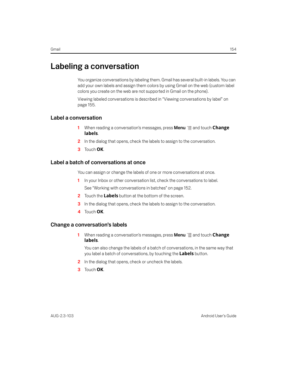 Labeling a conversation, Label a conversation, Label a batch of conversations at once | Change a conversation’s labels, Labeling a conversation 154 | Samsung Android 2.3 User Manual | Page 154 / 380