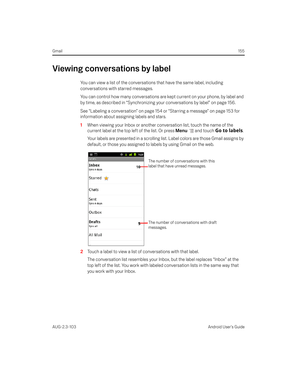 Viewing conversations by label, Viewing conversations by label 155 | Samsung Android 2.3 User Manual | Page 155 / 380