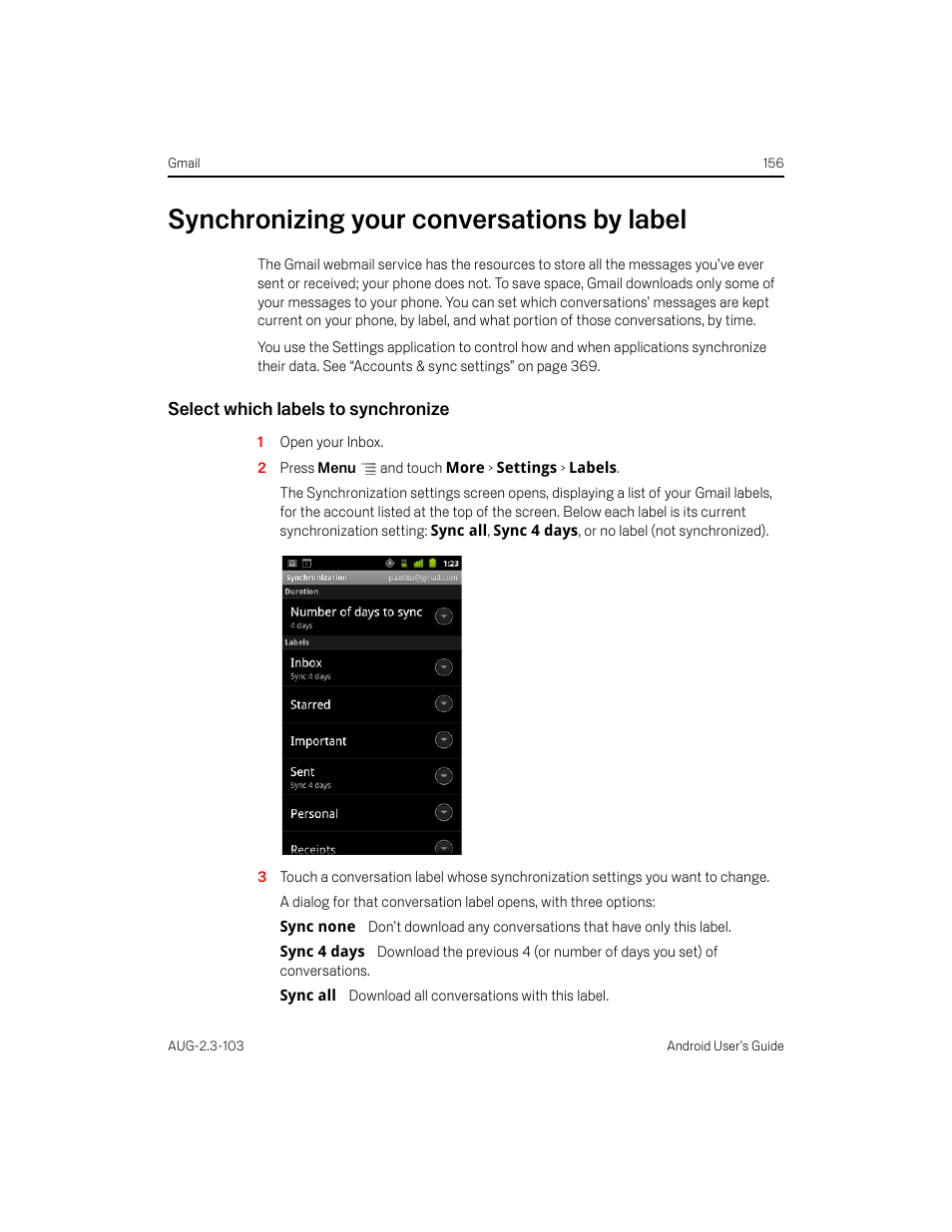 Synchronizing your conversations by label, Select which labels to synchronize, Synchronizing your conversations by label 156 | Samsung Android 2.3 User Manual | Page 156 / 380