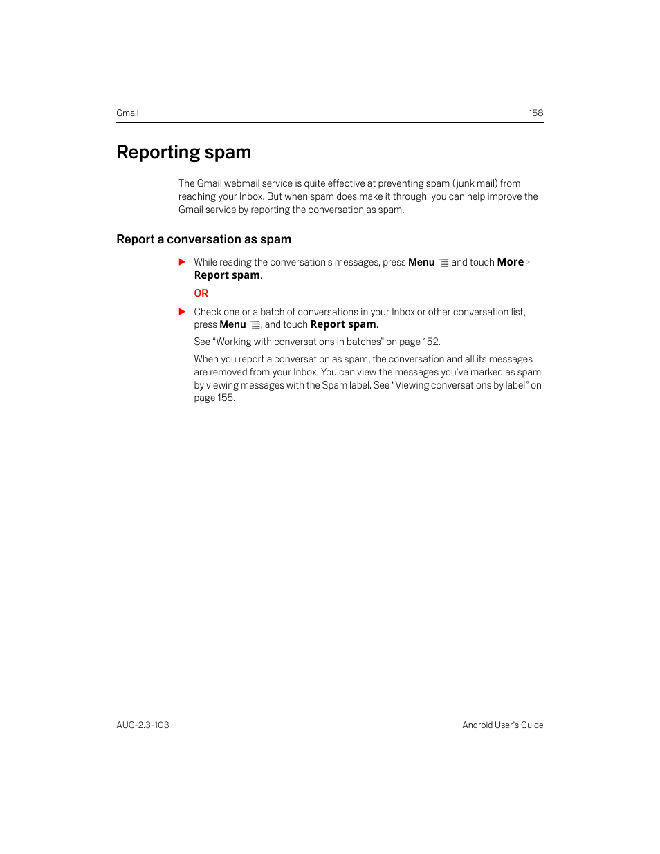 Reporting spam, Report a conversation as spam, Reporting spam 158 | Samsung Android 2.3 User Manual | Page 158 / 380