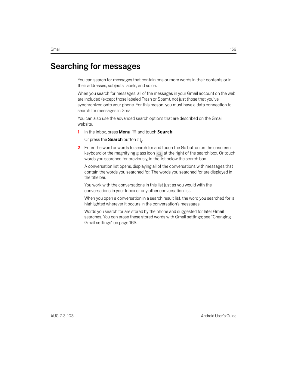 Searching for messages, Searching for messages 159 | Samsung Android 2.3 User Manual | Page 159 / 380