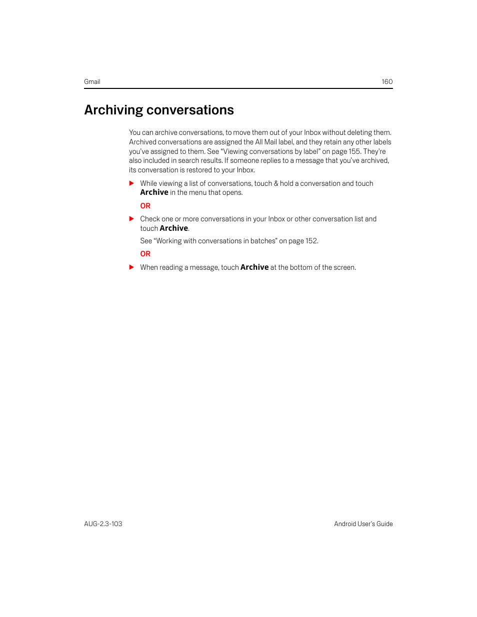 Archiving conversations, Archiving conversations 160 | Samsung Android 2.3 User Manual | Page 160 / 380