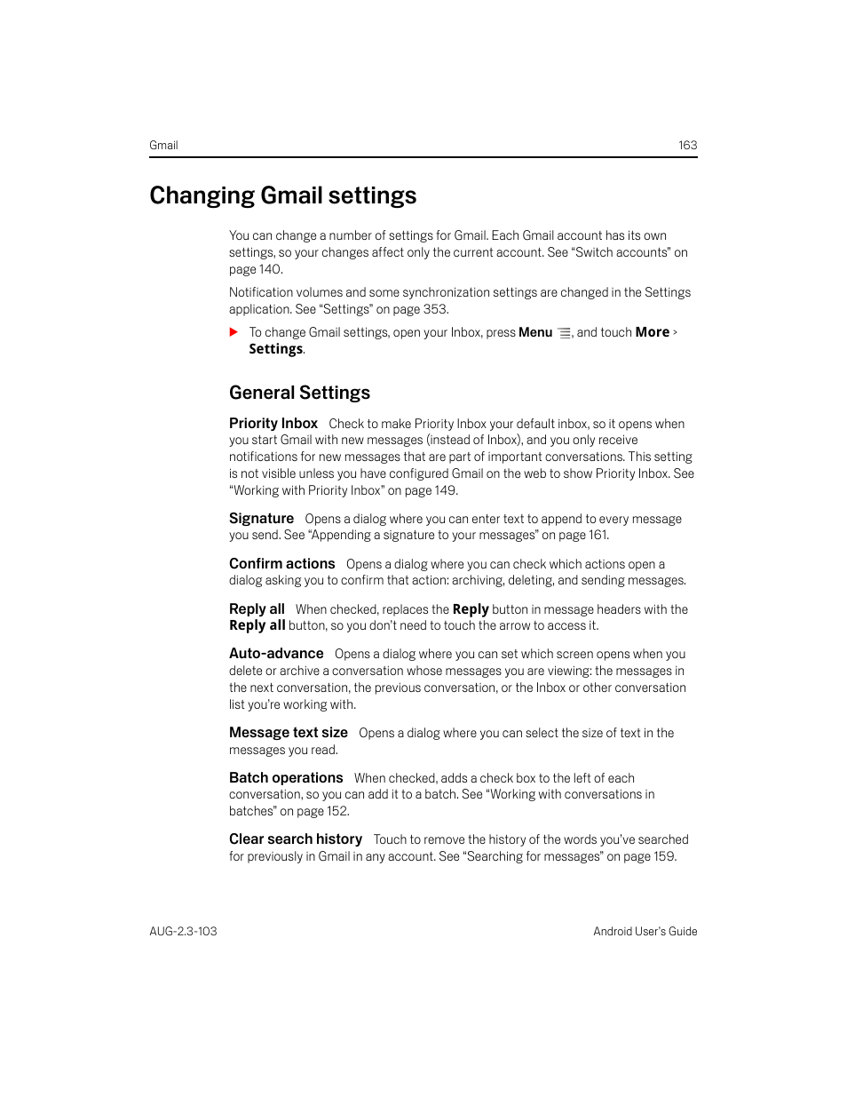 Changing gmail settings, General settings, Priority inbox | Signature, Confirm actions, Reply all, Auto-advance, Message text size, Batch operations, Clear search history | Samsung Android 2.3 User Manual | Page 163 / 380