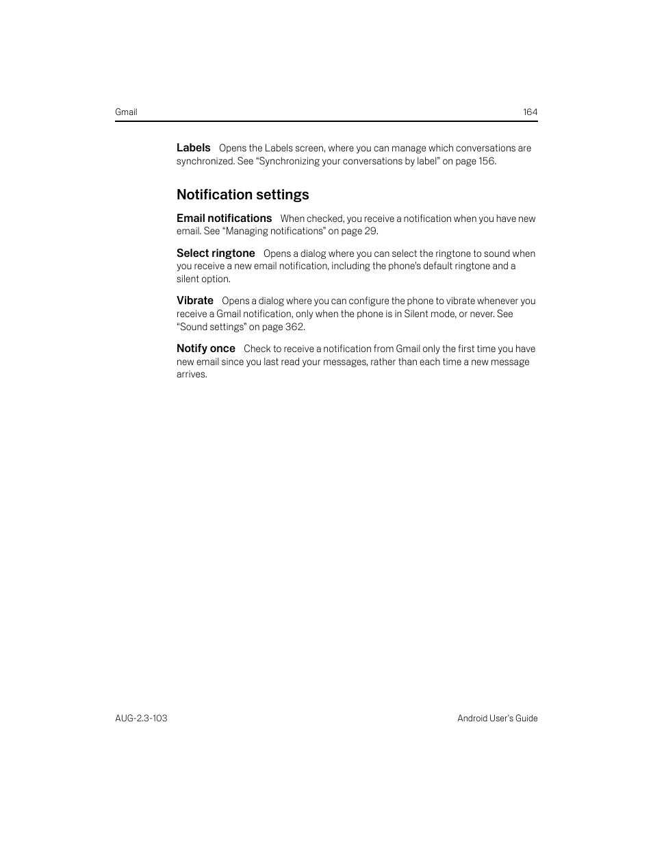 Labels, Notification settings, Email notifications | Select ringtone, Vibrate, Notify once, Notification settings 164 | Samsung Android 2.3 User Manual | Page 164 / 380