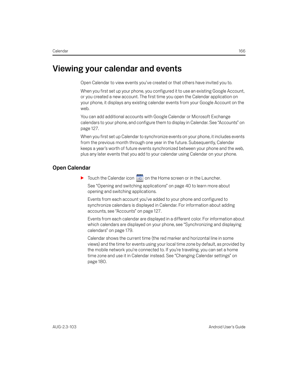 Viewing your calendar and events, Open calendar, Viewing your calendar and events 166 | Samsung Android 2.3 User Manual | Page 166 / 380