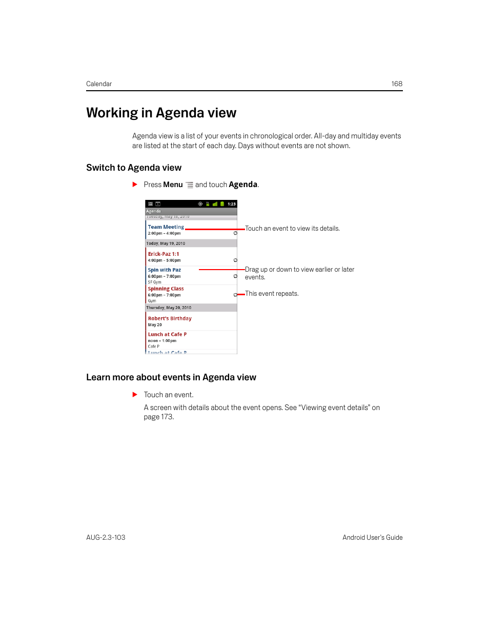 Working in agenda view, Switch to agenda view, Learn more about events in agenda view | Working in agenda view 168 | Samsung Android 2.3 User Manual | Page 168 / 380