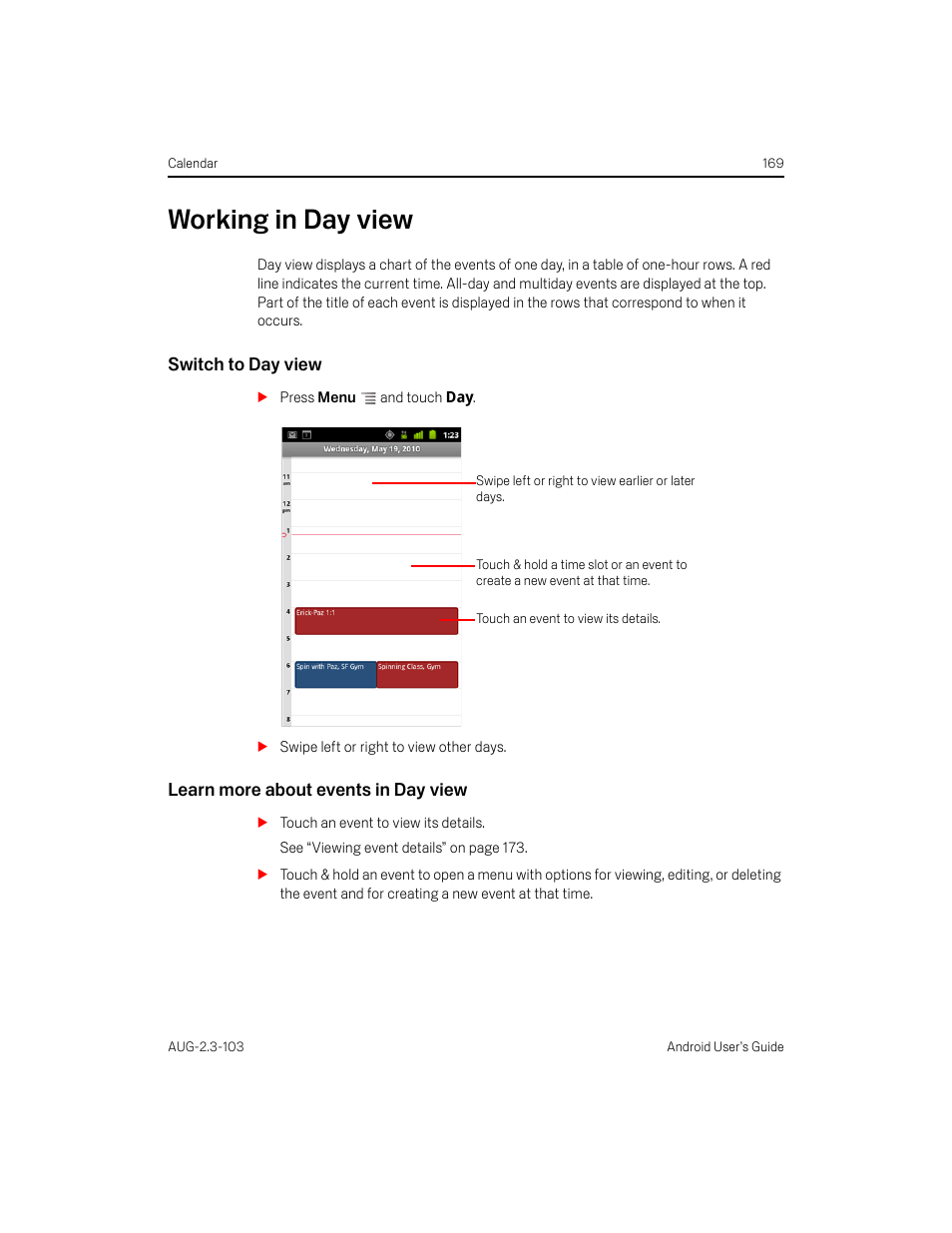 Working in day view, Switch to day view, Learn more about events in day view | Working in day view 169 | Samsung Android 2.3 User Manual | Page 169 / 380