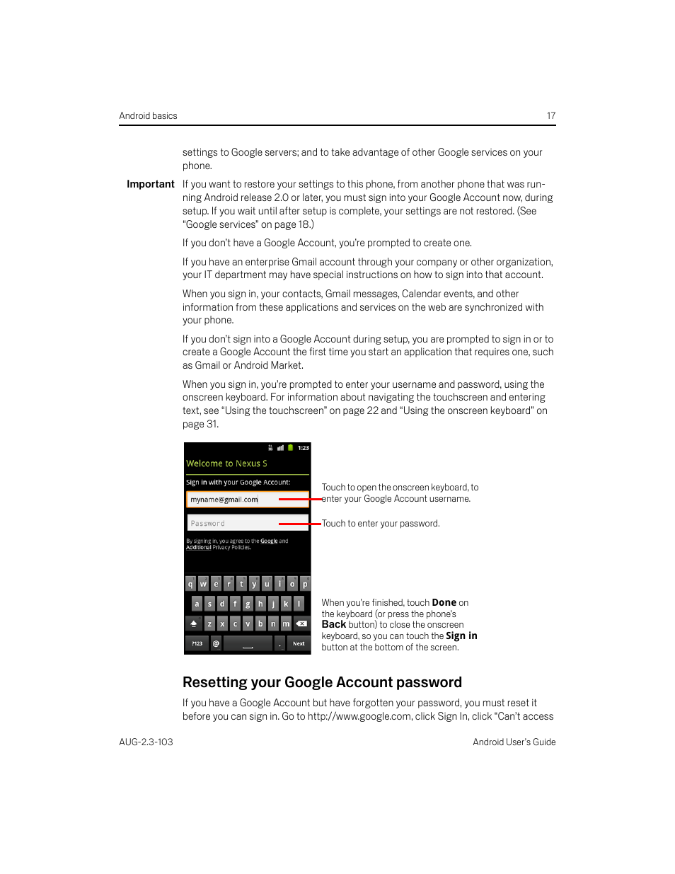 Resetting your google account password, Resetting your google account password 17 | Samsung Android 2.3 User Manual | Page 17 / 380