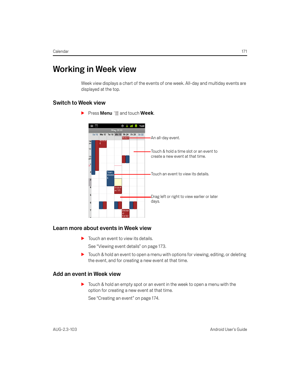 Working in week view, Switch to week view, Learn more about events in week view | Add an event in week view, Working in week view 171 | Samsung Android 2.3 User Manual | Page 171 / 380