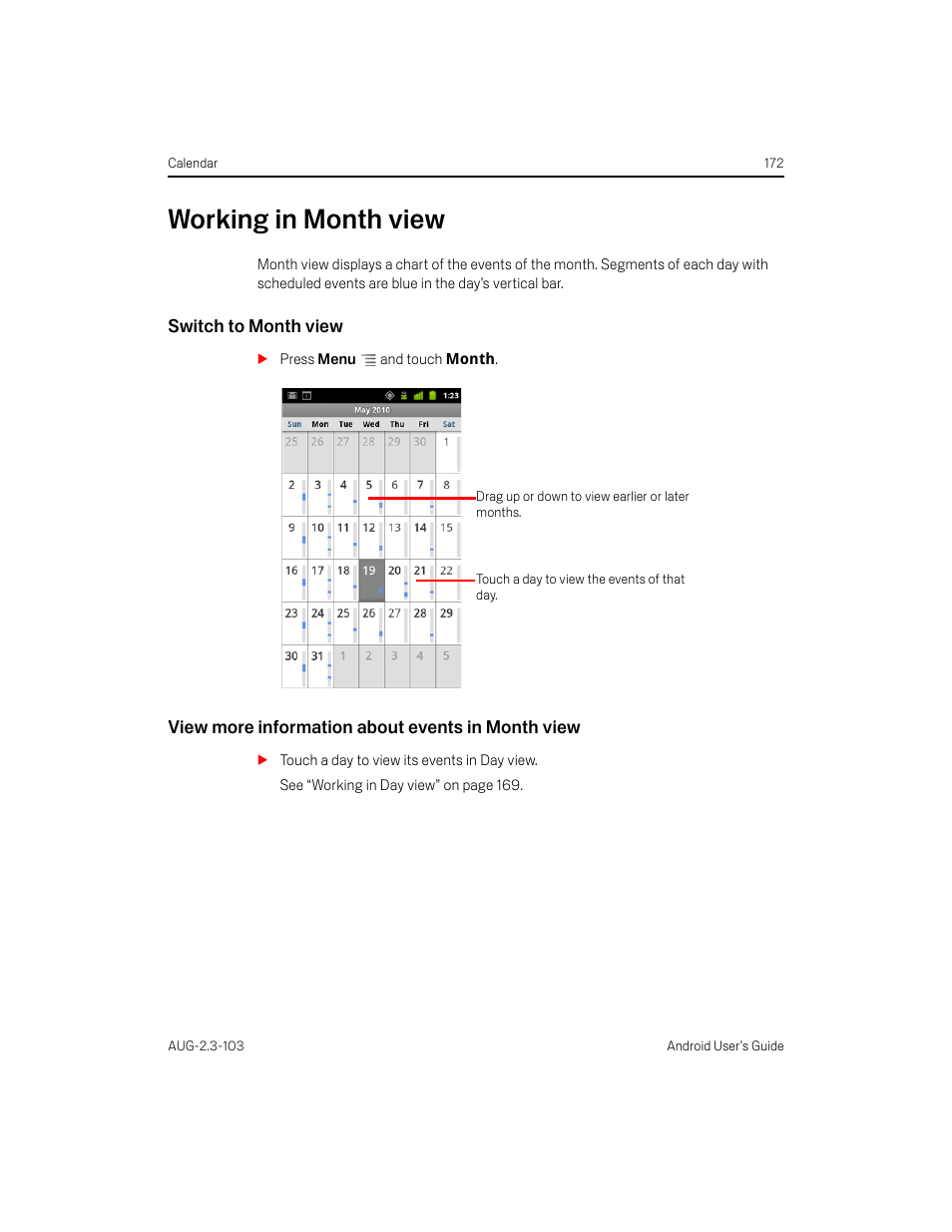 Working in month view, Switch to month view, View more information about events in month view | Working in month view 172 | Samsung Android 2.3 User Manual | Page 172 / 380
