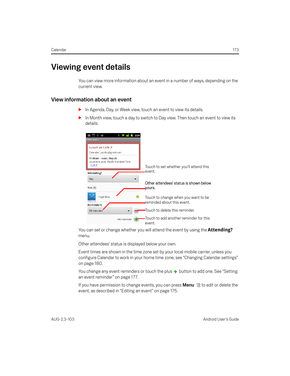 Viewing event details, View information about an event, Viewing event details 173 | Samsung Android 2.3 User Manual | Page 173 / 380