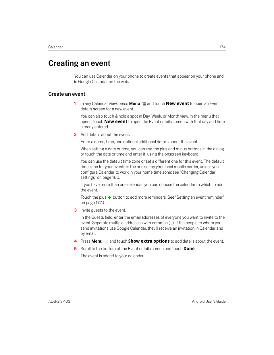 Creating an event, Create an event, Creating an event 174 | Samsung Android 2.3 User Manual | Page 174 / 380