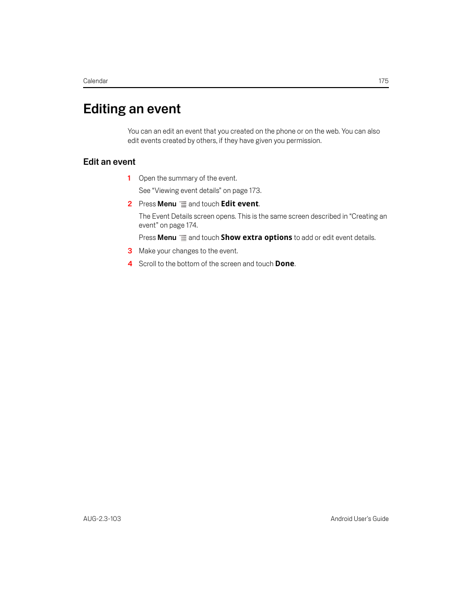 Editing an event, Edit an event, Editing an event 175 | Samsung Android 2.3 User Manual | Page 175 / 380