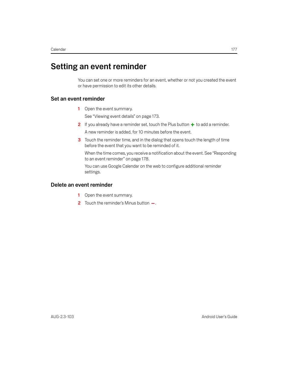 Setting an event reminder, Set an event reminder, Delete an event reminder | Setting an event reminder 177, Setting | Samsung Android 2.3 User Manual | Page 177 / 380