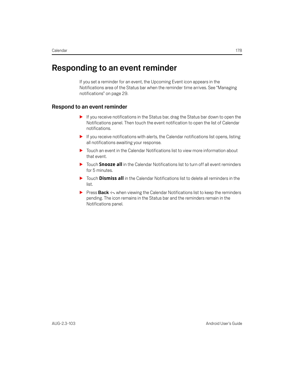 Responding to an event reminder, Respond to an event reminder, Responding to an event reminder 178 | Samsung Android 2.3 User Manual | Page 178 / 380