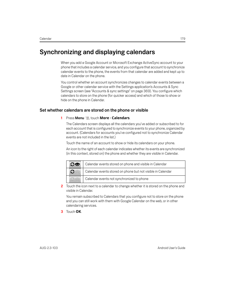Synchronizing and displaying calendars, Synchronizing and displaying calendars 179 | Samsung Android 2.3 User Manual | Page 179 / 380