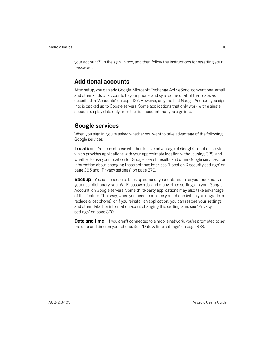 Additional accounts, Google services, Location | Backup, Date and time, Additional accounts 18 google services 18 | Samsung Android 2.3 User Manual | Page 18 / 380
