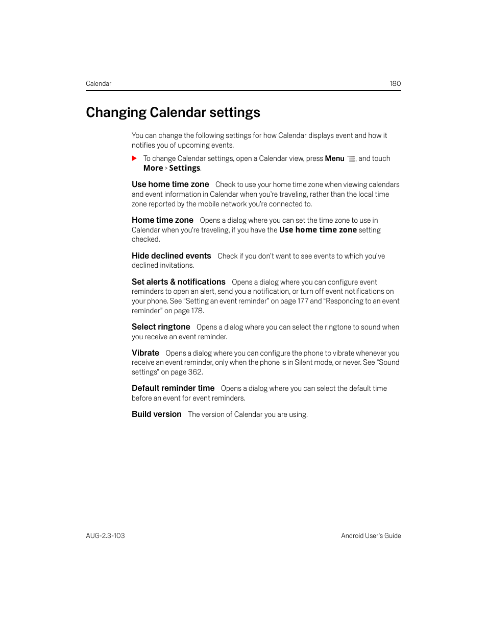 Changing calendar settings, Use home time zone, Home time zone | Hide declined events, Set alerts & notifications, Select ringtone, Vibrate, Default reminder time, Build version, Changing calendar settings 180 | Samsung Android 2.3 User Manual | Page 180 / 380