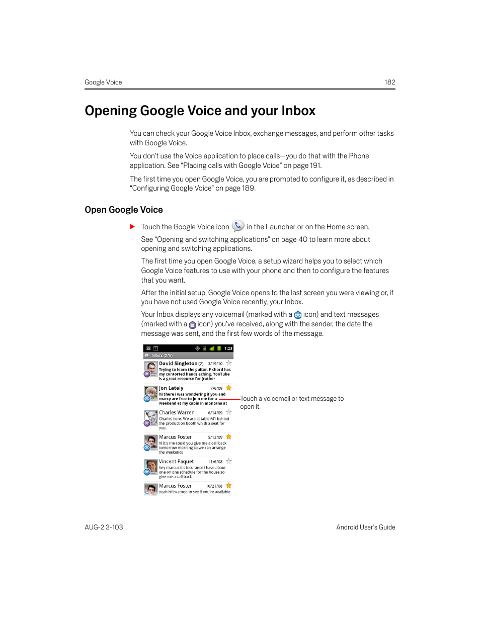 Opening google voice and your inbox, Open google voice, Opening google voice and your inbox 182 | Samsung Android 2.3 User Manual | Page 182 / 380