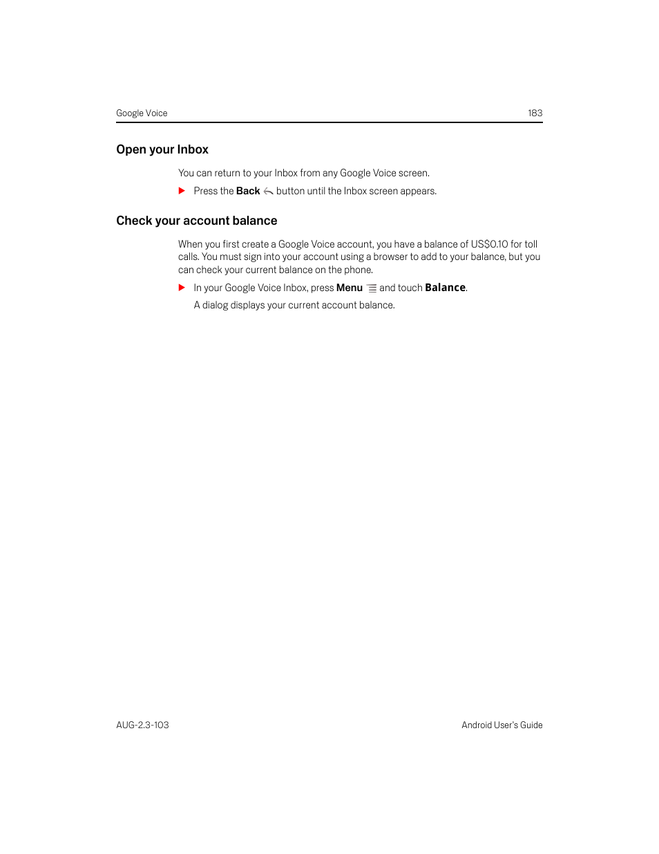 Open your inbox, Check your account balance | Samsung Android 2.3 User Manual | Page 183 / 380