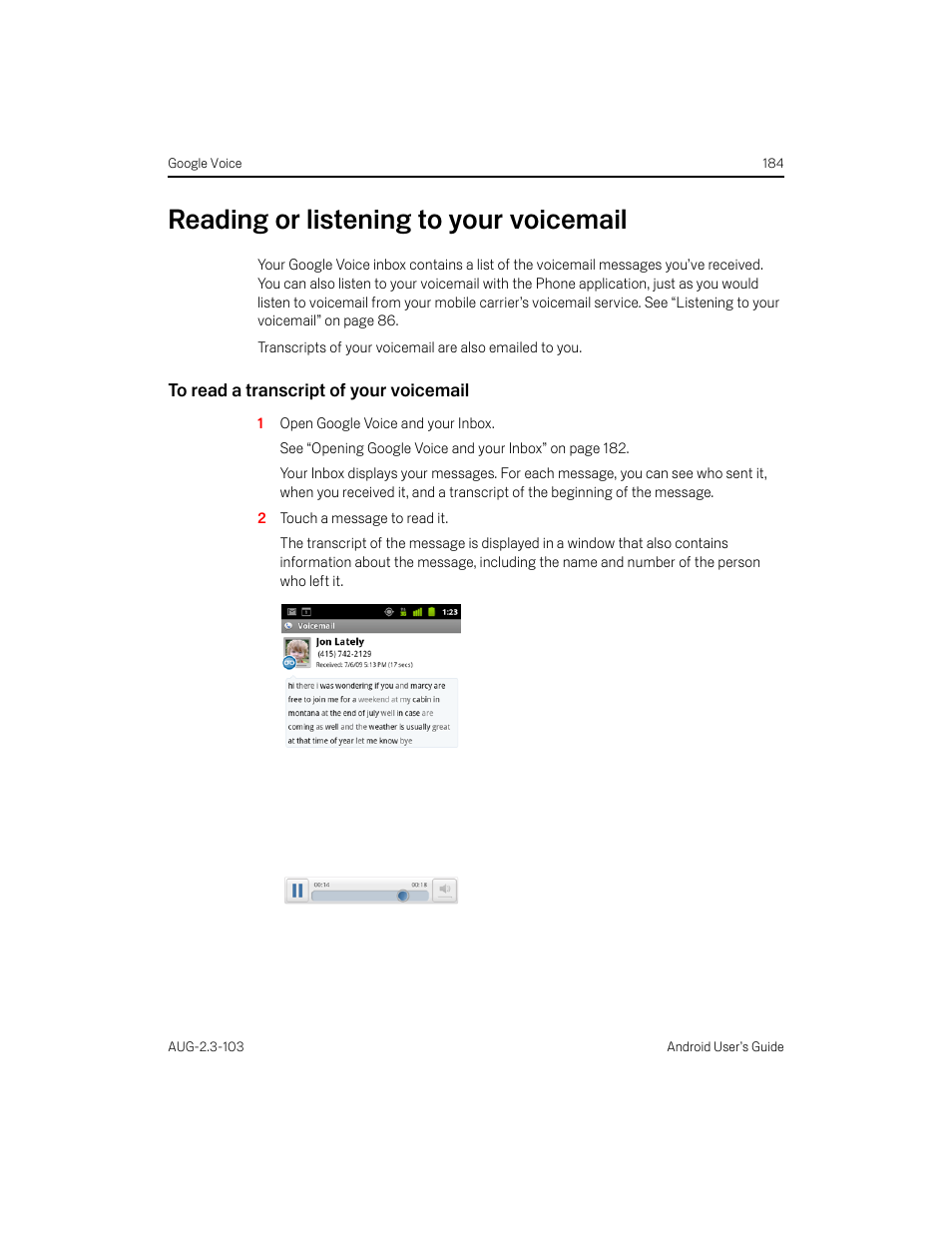 Reading or listening to your voicemail, To read a transcript of your voicemail, Reading or listening to your voicemail 184 | Samsung Android 2.3 User Manual | Page 184 / 380