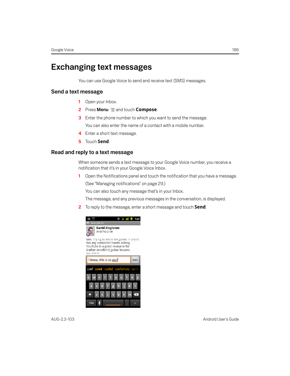 Exchanging text messages, Send a text message, Read and reply to a text message | Exchanging text messages 186 | Samsung Android 2.3 User Manual | Page 186 / 380