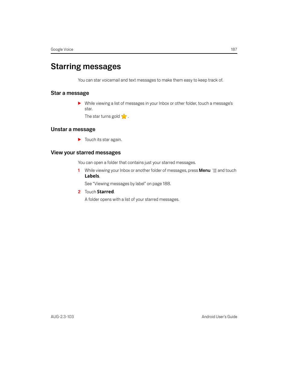 Starring messages, Star a message, Unstar a message | View your starred messages, Starring messages 187 | Samsung Android 2.3 User Manual | Page 187 / 380