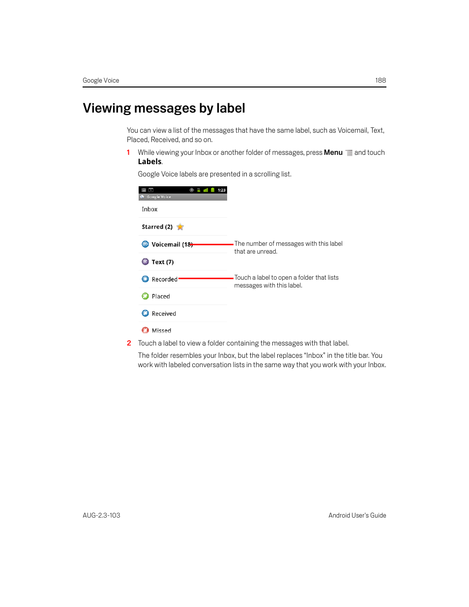 Viewing messages by label, Viewing messages by label 188 | Samsung Android 2.3 User Manual | Page 188 / 380