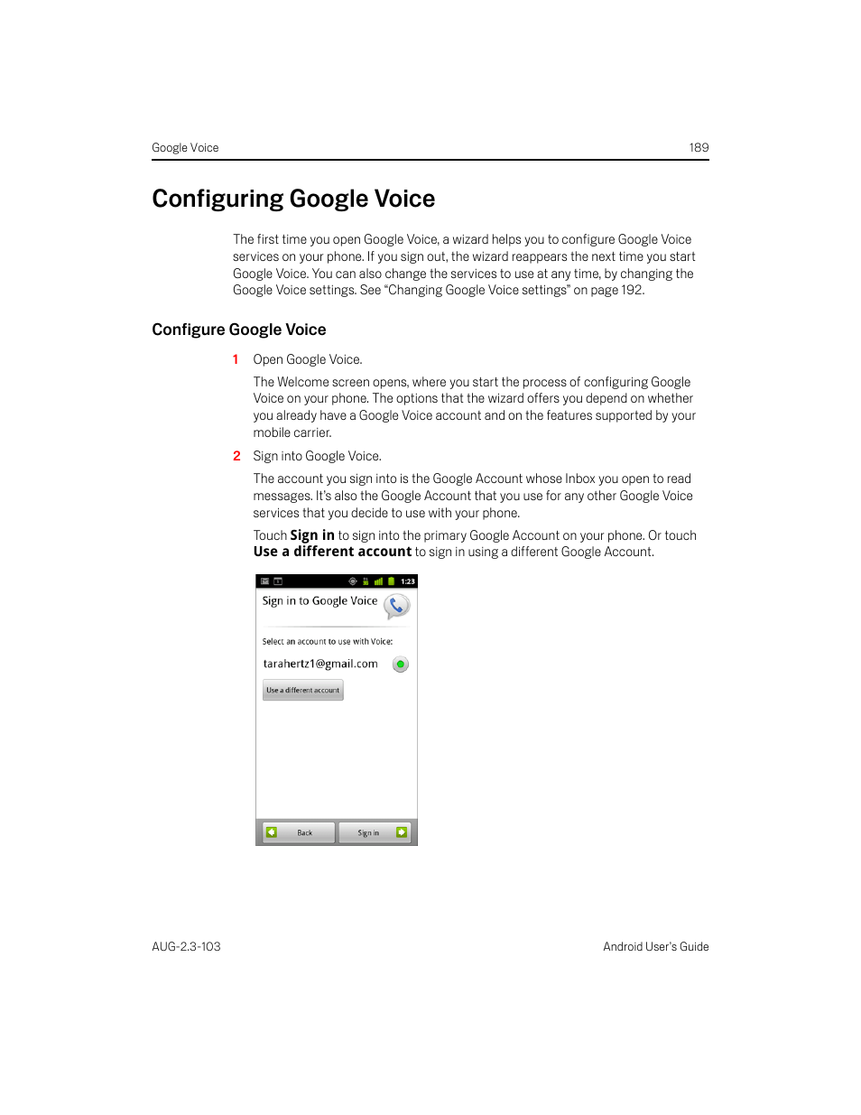 Configuring google voice, Configure google voice, Configuring google voice 189 | Samsung Android 2.3 User Manual | Page 189 / 380