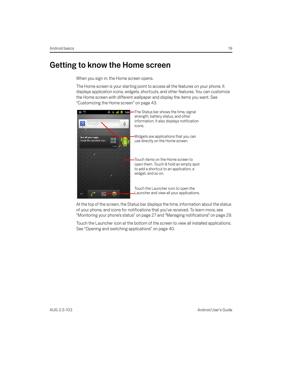 Getting to know the home screen, Getting to know the home screen 19 | Samsung Android 2.3 User Manual | Page 19 / 380