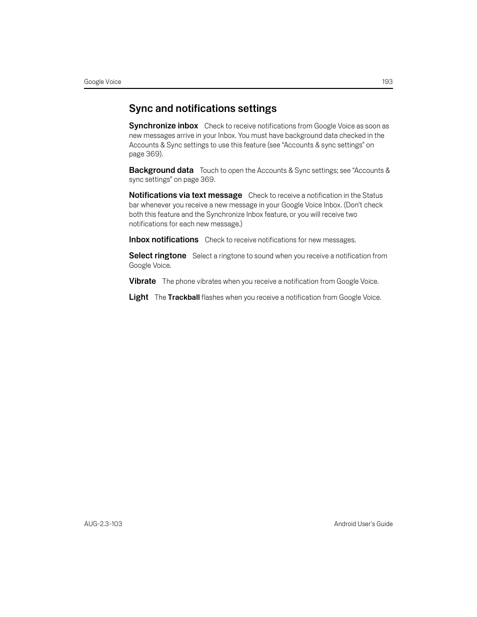 Sync and notifications settings, Synchronize inbox, Background data | Notifications via text message, Inbox notifications, Select ringtone, Vibrate, Light, Sync and notifications settings 193 | Samsung Android 2.3 User Manual | Page 193 / 380