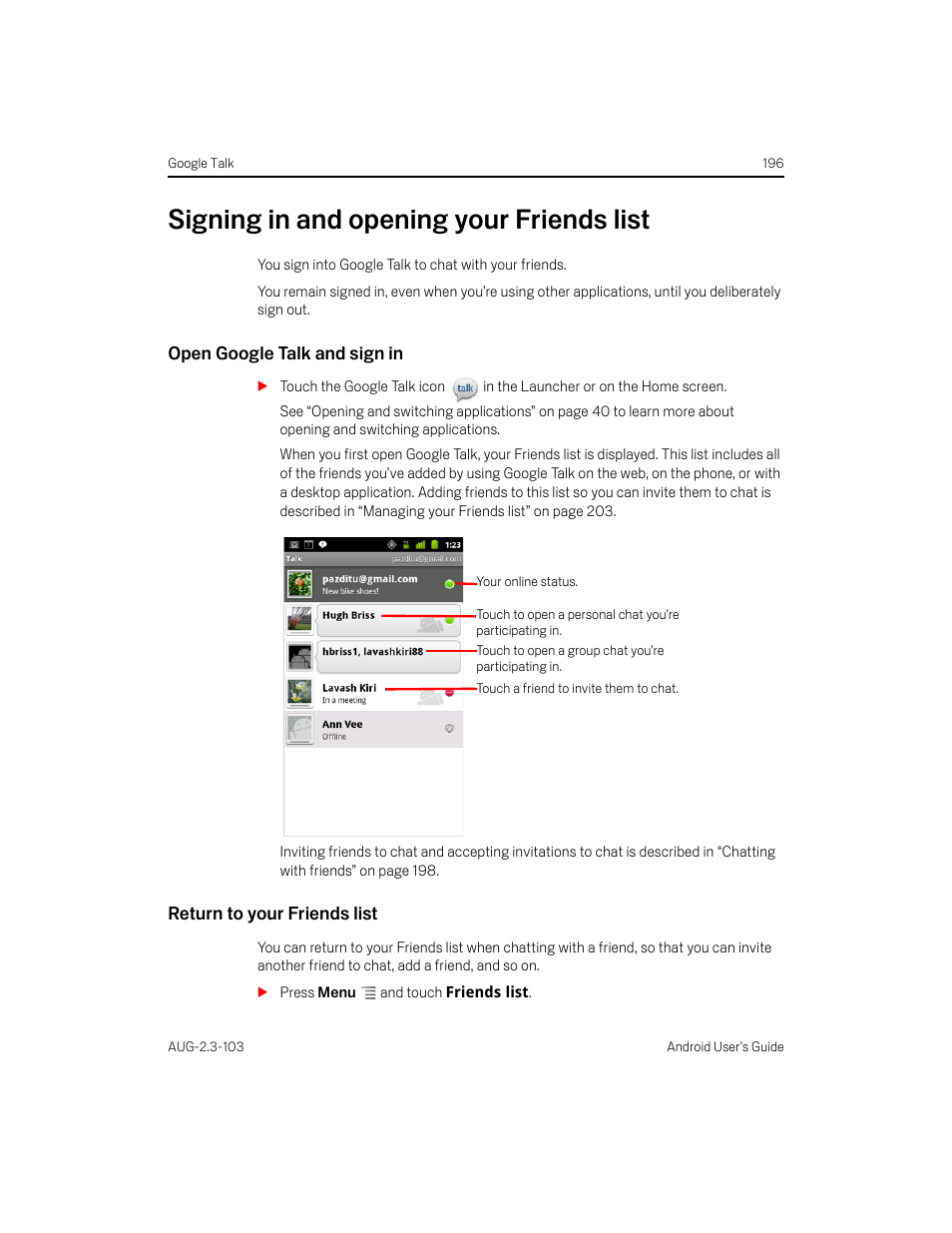 Signing in and opening your friends list, Open google talk and sign in, Return to your friends list | Signing in and opening your friends list 196 | Samsung Android 2.3 User Manual | Page 196 / 380