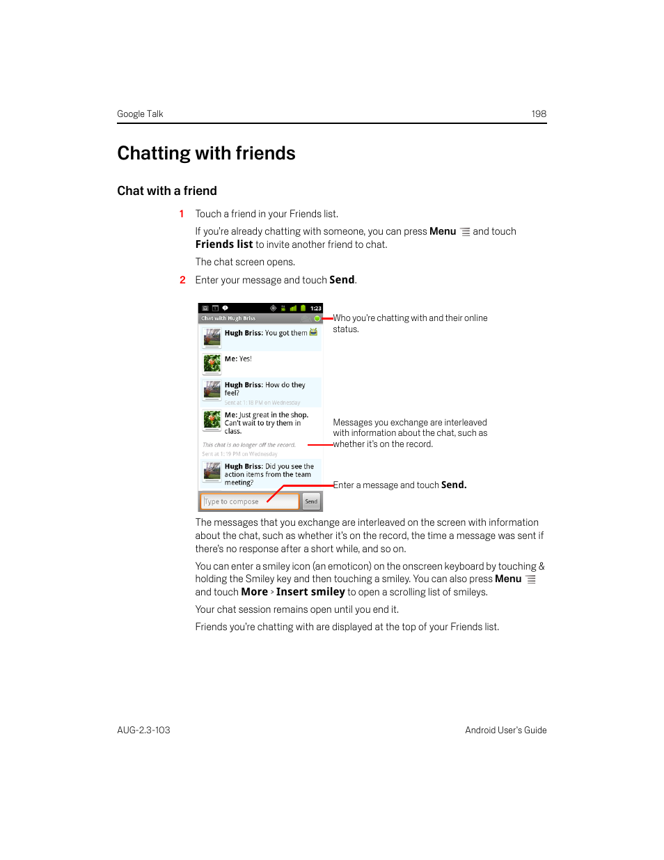 Chatting with friends, Chat with a friend, Chatting with friends 198 | Samsung Android 2.3 User Manual | Page 198 / 380