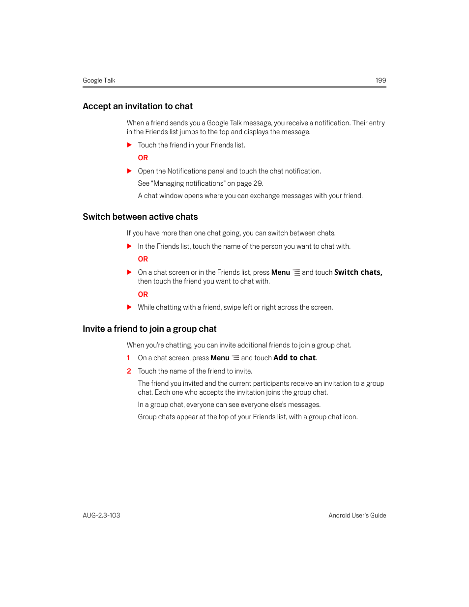 Accept an invitation to chat, Switch between active chats, Invite a friend to join a group chat | Samsung Android 2.3 User Manual | Page 199 / 380