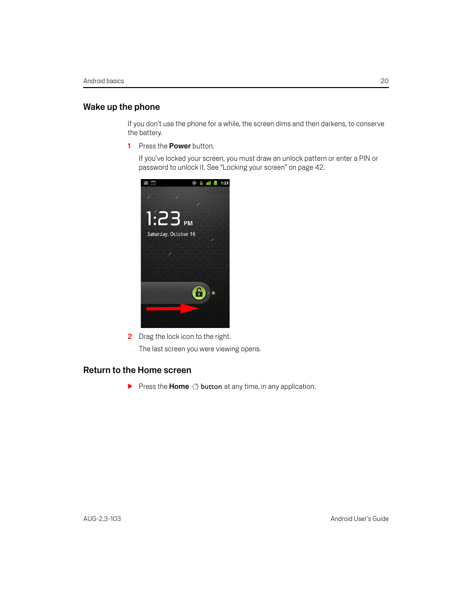 Wake up the phone, Return to the home screen | Samsung Android 2.3 User Manual | Page 20 / 380