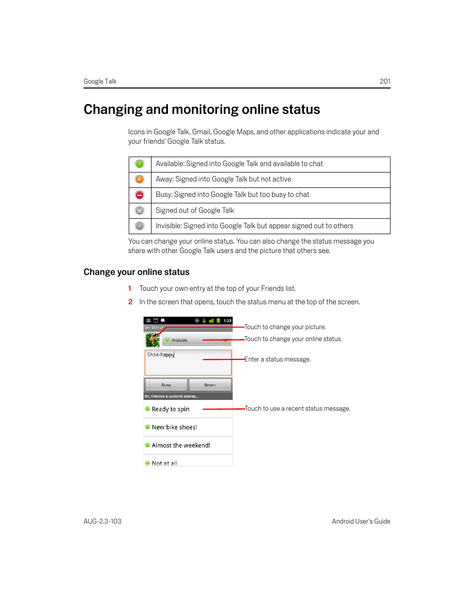 Changing and monitoring online status, Change your online status, Changing and monitoring online status 201 | Samsung Android 2.3 User Manual | Page 201 / 380