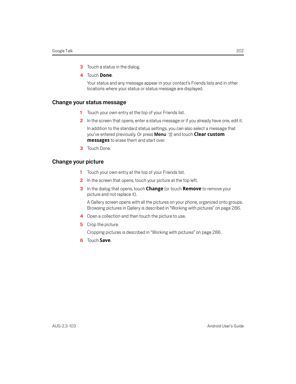 Change your status message, Change your picture | Samsung Android 2.3 User Manual | Page 202 / 380