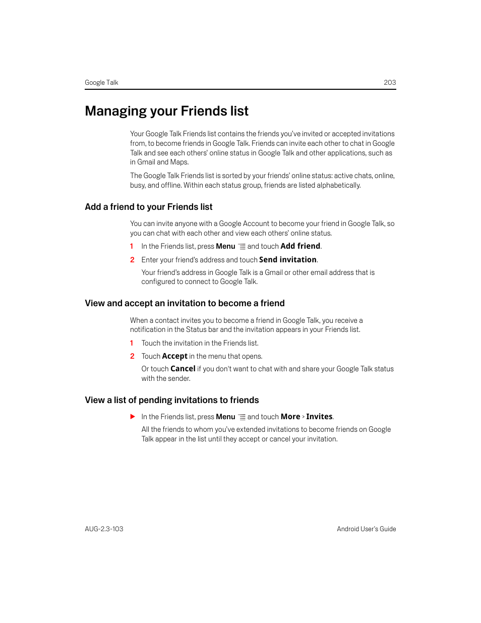 Managing your friends list, Add a friend to your friends list, View and accept an invitation to become a friend | View a list of pending invitations to friends, Managing your friends list 203 | Samsung Android 2.3 User Manual | Page 203 / 380