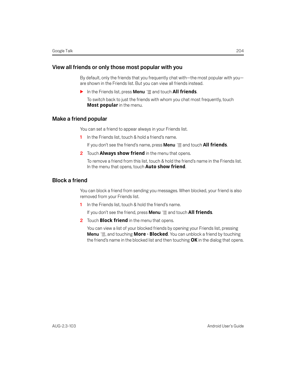 Make a friend popular, Block a friend | Samsung Android 2.3 User Manual | Page 204 / 380