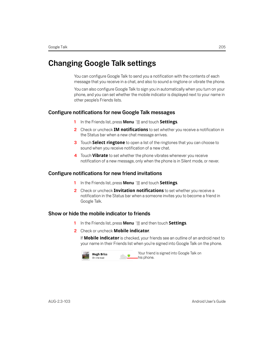 Changing google talk settings, Configure notifications for new friend invitations, Show or hide the mobile indicator to friends | Changing google talk settings 205 | Samsung Android 2.3 User Manual | Page 205 / 380