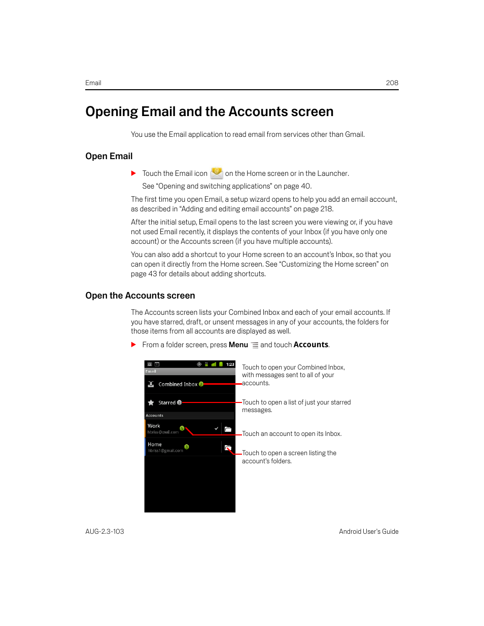 Opening email and the accounts screen, Open email, Open the accounts screen | Opening email and the accounts screen 208 | Samsung Android 2.3 User Manual | Page 208 / 380