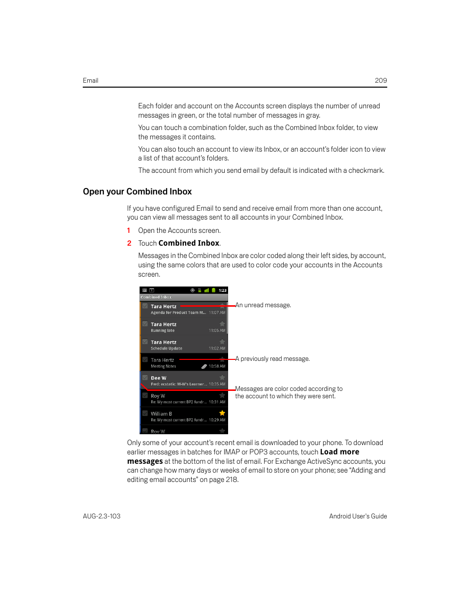 Open your combined inbox | Samsung Android 2.3 User Manual | Page 209 / 380