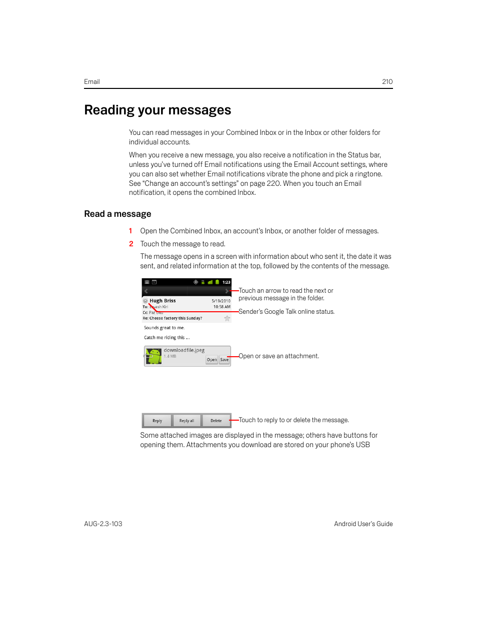 Reading your messages, Read a message, Reading your messages 210 | Samsung Android 2.3 User Manual | Page 210 / 380