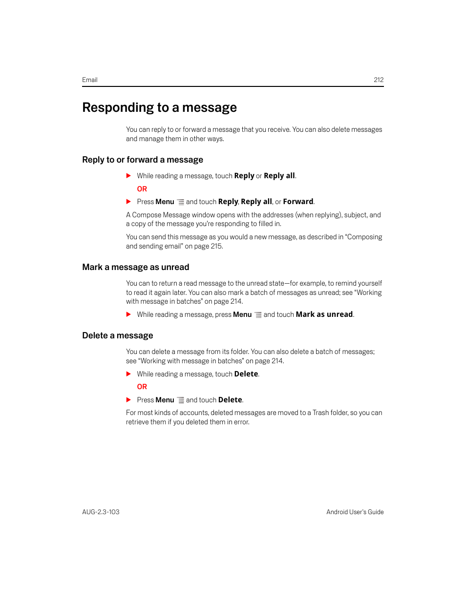 Responding to a message, Reply to or forward a message, Mark a message as unread | Delete a message, Responding to a message 212 | Samsung Android 2.3 User Manual | Page 212 / 380